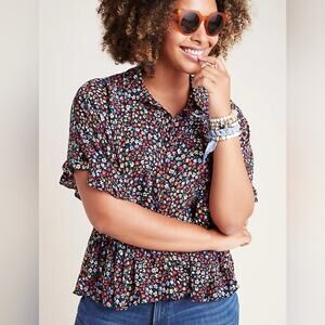 Maeve Mallory Floral Ruffle Sleeve Women's High Low Button Down Top Size Small